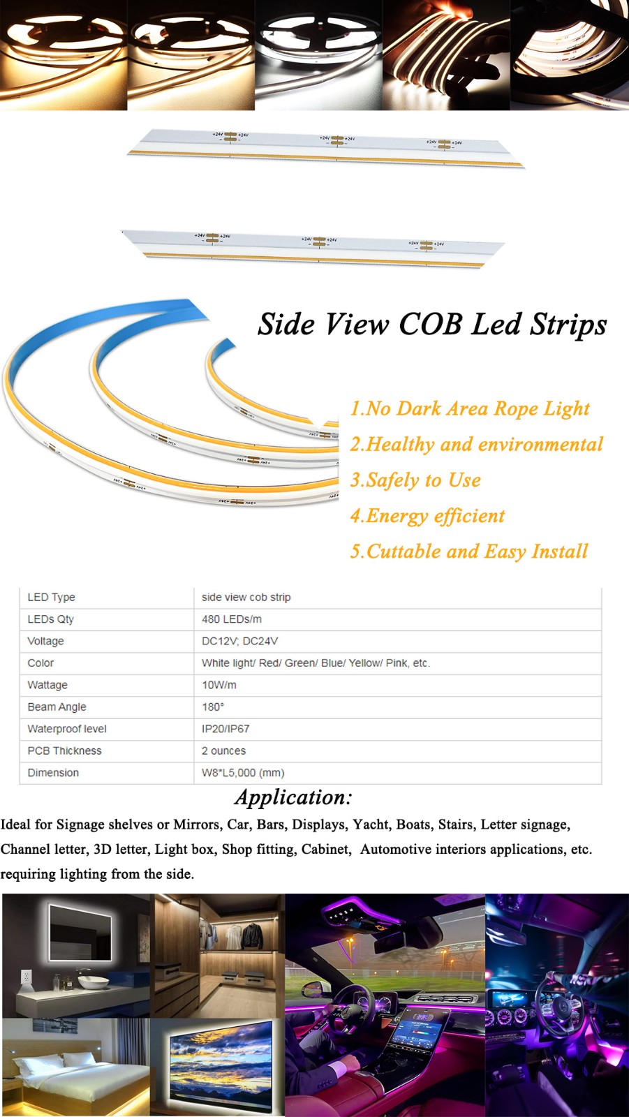 Side Emiting Dotfree Flexible COB Led Strips Lights